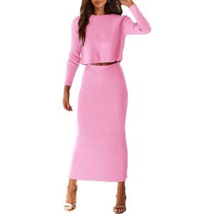 ❤️Women Pink 2 Piece Sweater Long Sleeve Tops and Maxi Skirt  Casual Outfits